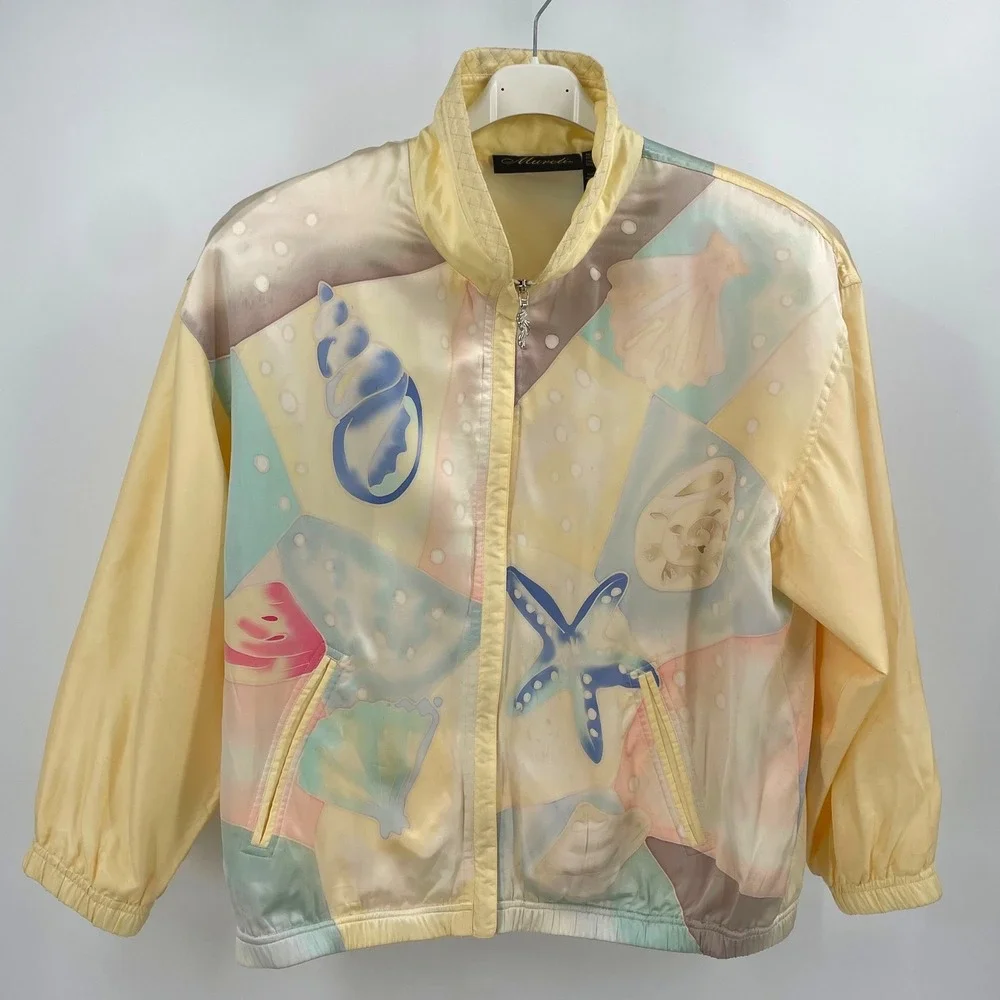 Vintage Mureli Silk‎ Pastel Seashell Print Tracksuit Set Jacket Pants Women's PL